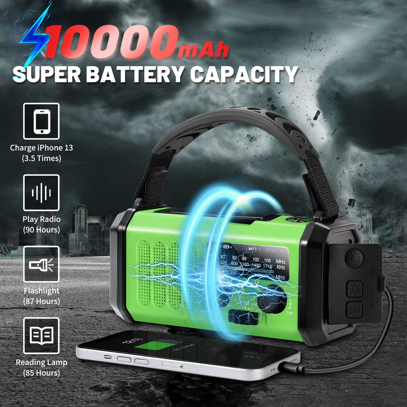 [AUSTRALIA] - Emergency Hand Crank Radio with 10000mAh/37000mWh Battery Backup, AM FM NOAA Weather Radio, Type-C Charge,Solar Radio,SOS, 3 Modes LED Flashlight，Reading Lamp, Compass for Outdoor Survival Mint Green 