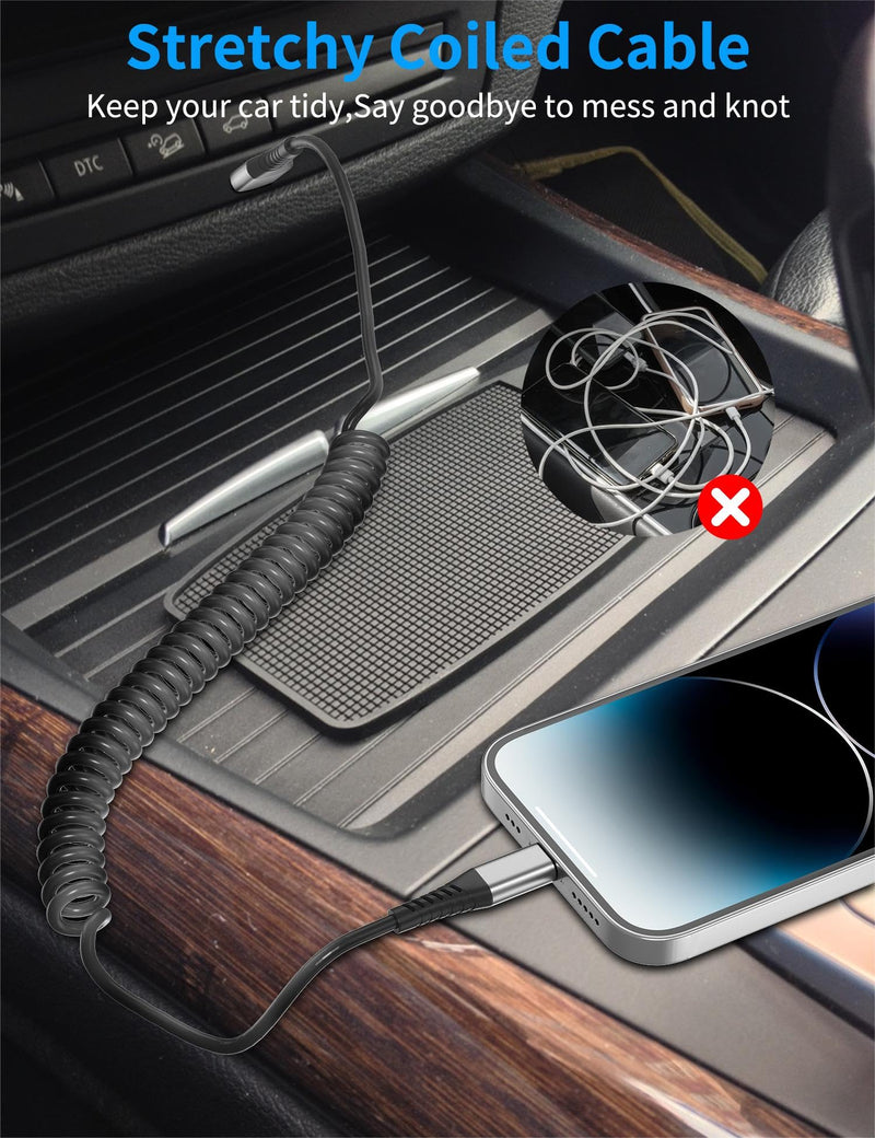 [AUSTRALIA] - Coiled Lightning Cable for Car, 2Pack Retractable iPhone Charger Cable Fast Charging, [MFi Certified] Short Apple CarPlay USB to Lightning Cord for iPhone 14 13 12 11 Pro Max Mini XR XS 8 SE iPad 3FT Coiled 