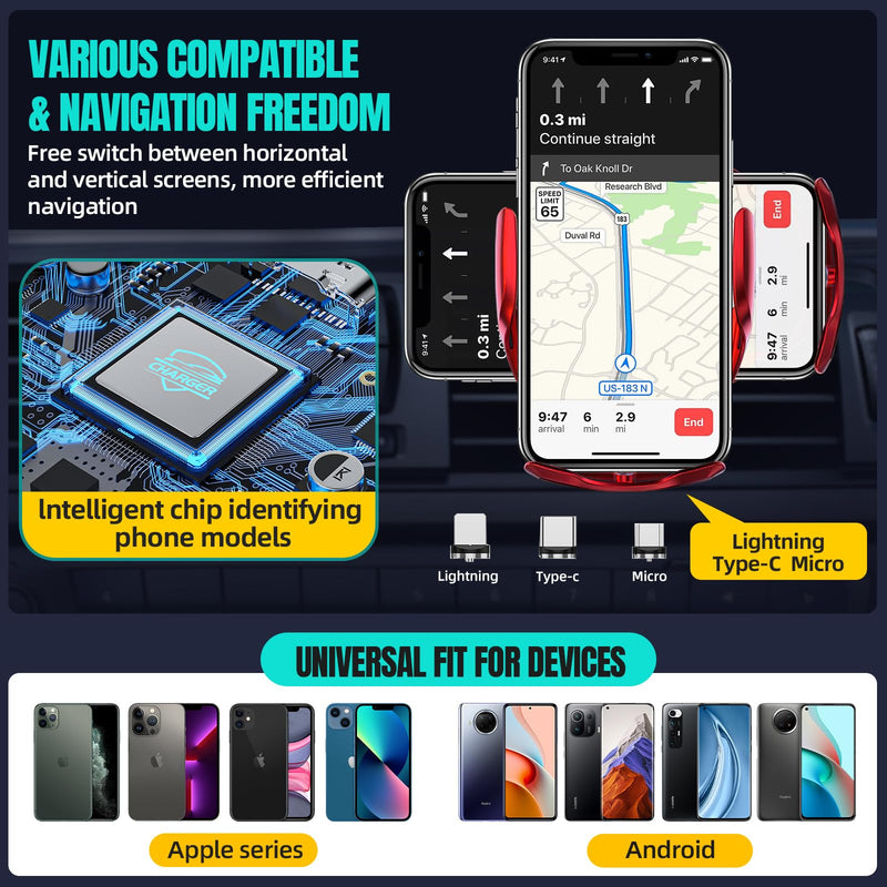 Wireless Car Charger, MAX 15W Fast Charging Auto Clamping, Sensing Phone Holder Mount, fit for iPhone 16 15 14 13 12 Pro Max Xs X, Samsung Galaxy S24 Ultra S23 S22 S21 S20 Note20 (4-Red) 4-Red