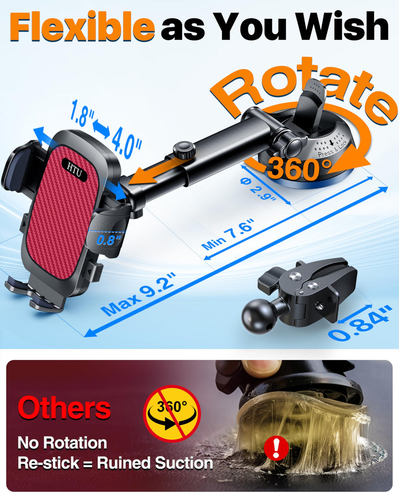 HTU 2026 Ultimate Best【True Military-Grade & Safety Cert】 Car Phone Holder | 【Upgraded 360 Rotation & 100LBS Strongest Suction】5-in-1 Truck Windshield Dashboard Vent Mount Stand for iPhone Android, Red