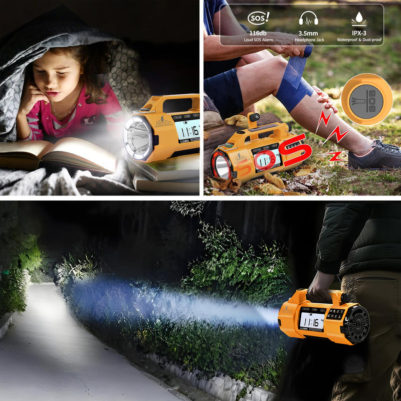 Emergency FM/AM/SW Weather Radio, Big Flashlight/Speaker,Type-C,Sleep Timer Alarm Clock, Solar Hand Crank Charge, 5000mAh Replaceable Battery,Cell Phone Charger Hurricane Survival kit yellow