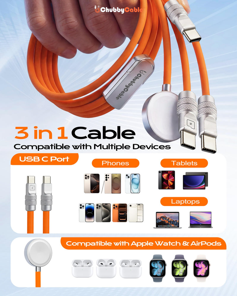 chubbycable 3 in 1 Silicone USB C Cable for Apple Watch, Orange, 4.1FT | Travel Essentials, 100W Fast Charging, Strong Magnetic, 480Mbps Data Transfer, E-Marker Safety Chip, 45,000+ Bend Tested
