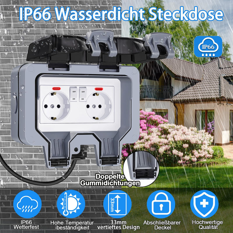 Outdoor Socket Waterproof 2-Way Outdoor Socket IP66 with Switch Indicator Light, Outdoor Socket Wall Socket Garden Socket with Lockable Hinged Lid for Garden Outdoor Wet Rooms 2-way external socket