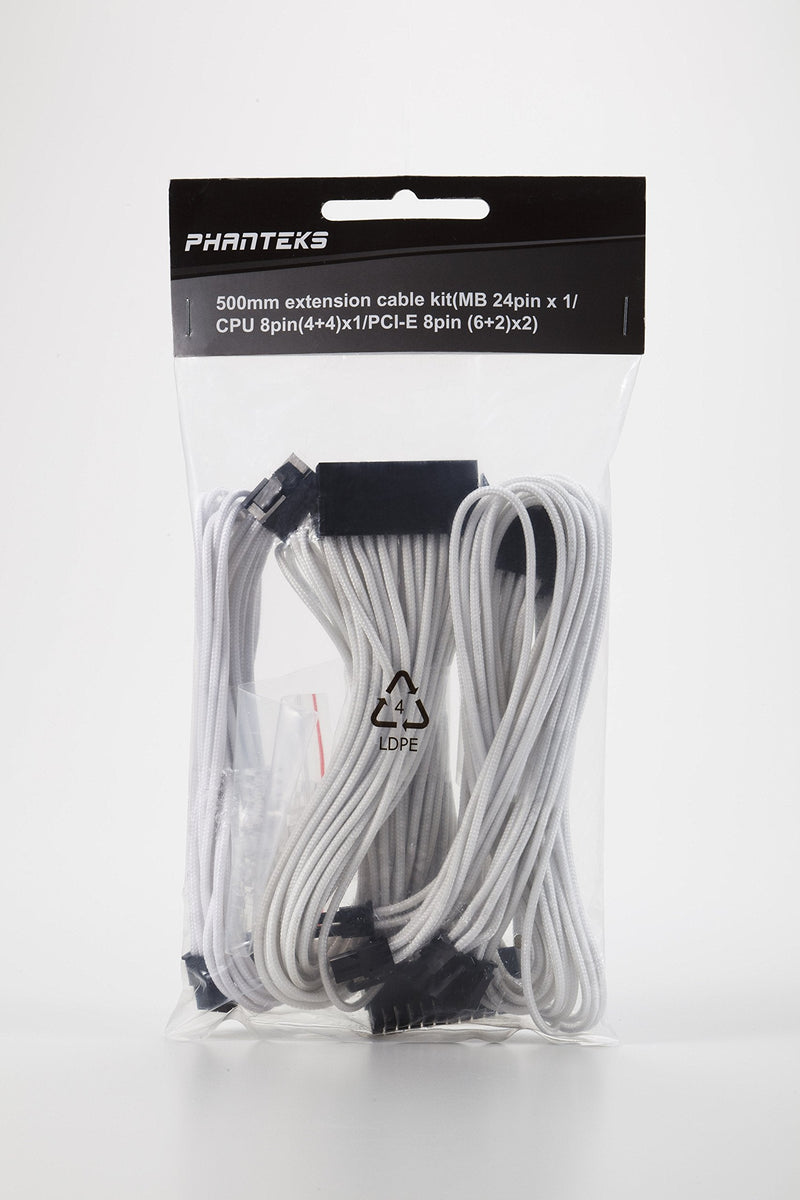 Phanteks 24 Pin/ 8pin (4+4) M/B, 8pin (6+2) PCI-E Extension Cable Kit 500mm Length, White (PH-CB-CMBO_WT)