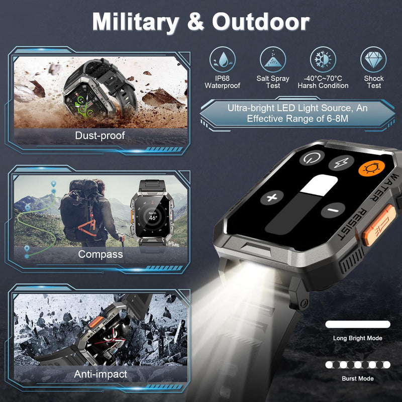 Military Smart Watch for Men(Answer/Make Call), Outdoor Sports Smartwatch with Flashlight/100 Days Battery/Compass/Heart Rate/SpO2/Sleep Monitor/2 Straps, Fitness Tracker for iPhone/Android Phones W60 Black