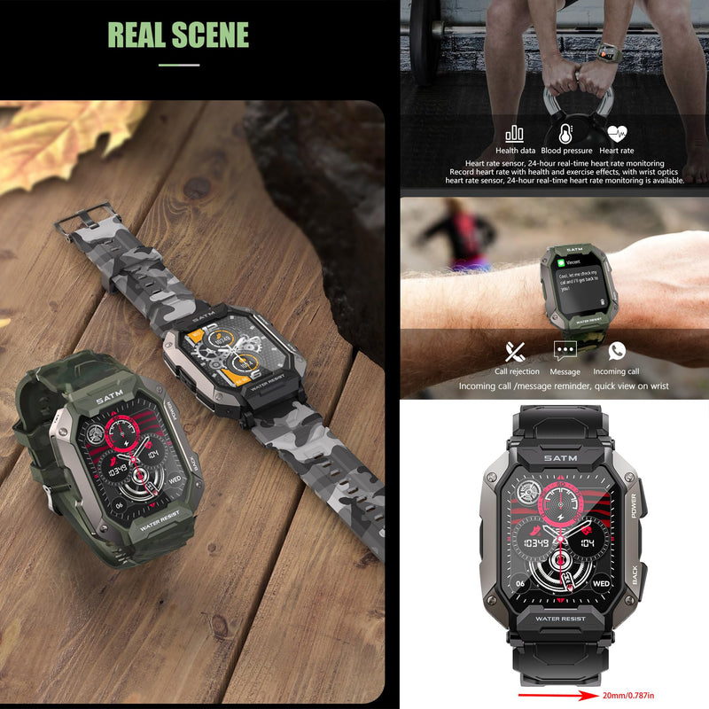 Military Smart Watch for Men(Answer/Make Calls), 1.81”AMOLED 5ATM Waterproof Fitness Watch with Heart Rate/SpO2/Blood Pressure, Bluetooth Smartwatch for Android iPhone, with 3 Watch Bands (Green) Green