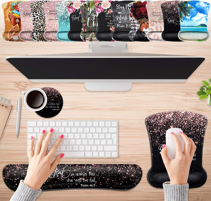 Keyboard Wrist Rest Pad and Ergonomic Mouse Pad Wrist Support Set Psalm 46:5 God is Within Her,She Will Not Fall Rose Gold Black for Gaming,Office,Comfortable and Pain Relief with Coaster Set Fd-wristrest-2-12