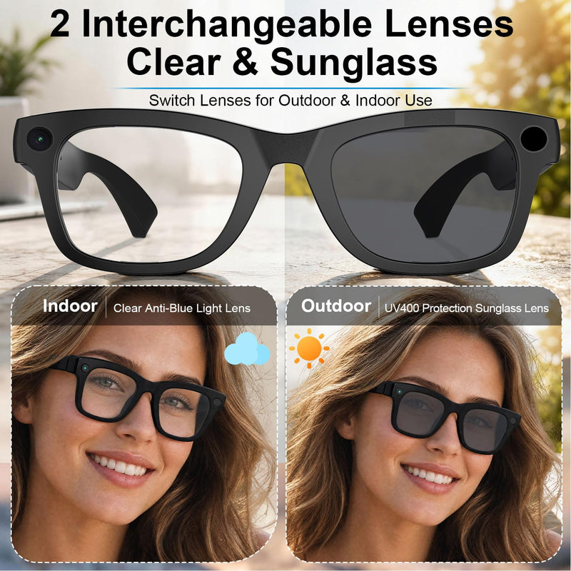 AI Smart Glasses with Camera, 8MP HD Capture 1080P EIS Video & ChatGPT | AI Sunglasses, Hands-Free Video & Photo, 165-Language Real-Time Translate, Dual Open-Ear Speakers, for Travel/Work/Daily