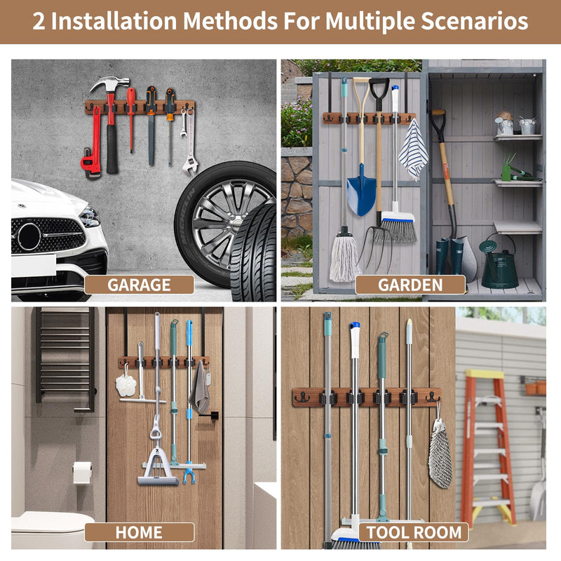 Cyiecw Broom Holder Wall or Broom Holder Over the Door, Drillable Tool Wall Mount, Wooden Stainless Steel Broom Mop Tool Garden Tool Holder, Door Organiser with 4 Holders and 2 Hooks, 1 Piece (Brown) Brown