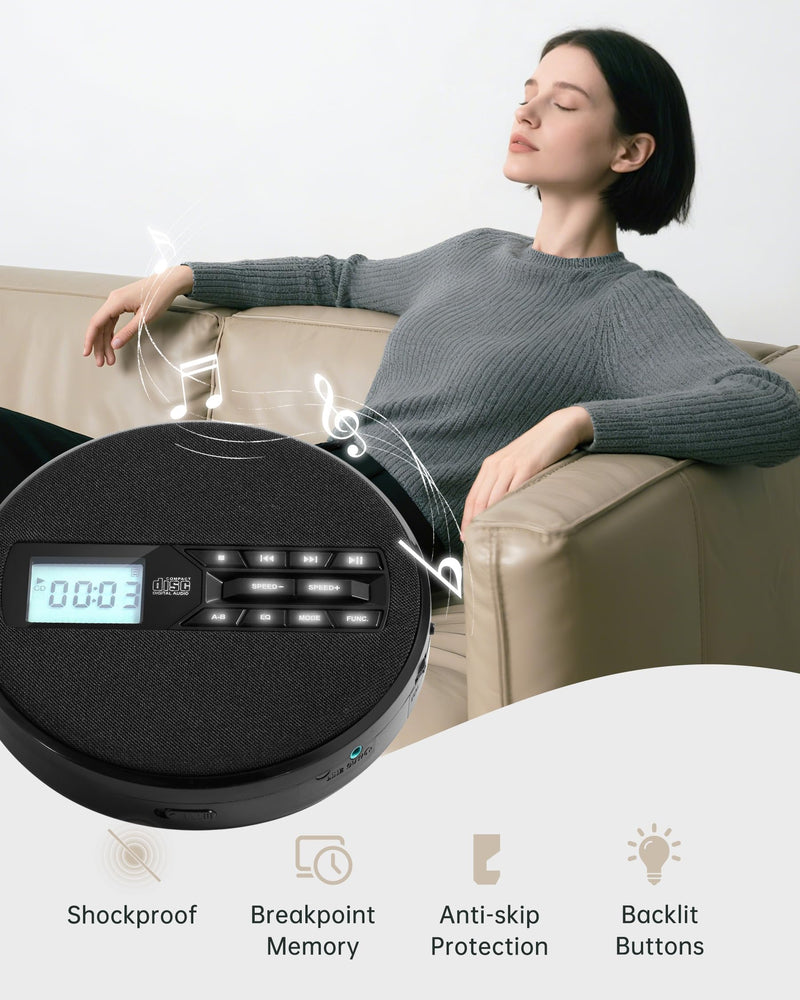 [AUSTRALIA] - CD Player Portable with Speakers - Rechargeable Personal CD Player for Car and Home, Small Fabric Music Player with Backlit Display, Anti-Skip, AUX/USB Port - Ideal for Audiobooks & Gifts Black 