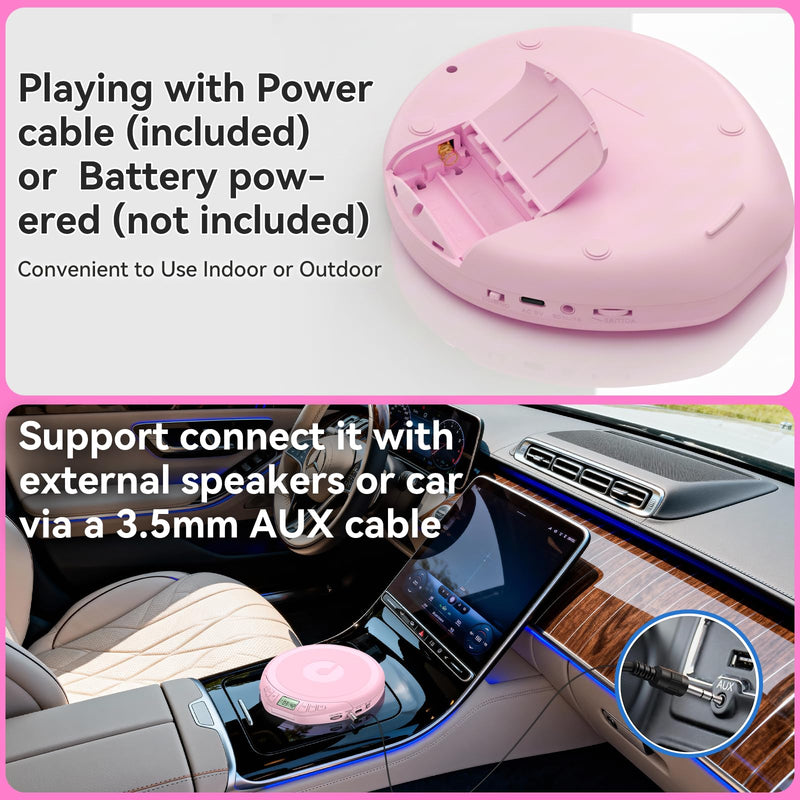 [AUSTRALIA] - Portable CD Player for Car: Kegaudio with Earphones Anti-Skip LCD Display Personal Disman Disc Player for Car & Sports Supports MP3 WMA PROG & Memory Function Pink 