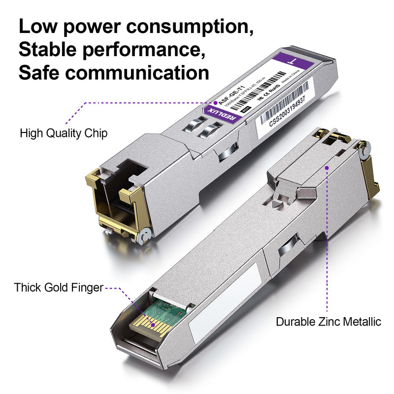 REDLUX SFP to RJ45 1000Base-T Copper Ethernet Module, up to 100m, 2-Pack | 1.25G SFP-T Copper Transceiver for Cisco SFP-GE-T, Ubiquiti Unifi UF-RJ45-1G, Meraki, Fortinet, TP-Link and More 1.25G-T