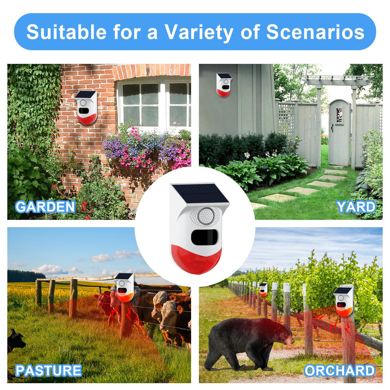 [AUSTRALIA] - ChunHee Solar Motion Sensor Outdoor Alarm,Adjustable Sensitivity Motion Activated Alarm,129db Sound Security Siren Light IP67 Waterproof and 4 Mode for Home,Farm,Barn,Villa,Yard(2 Pack) 2 Light+2 Remote Control 