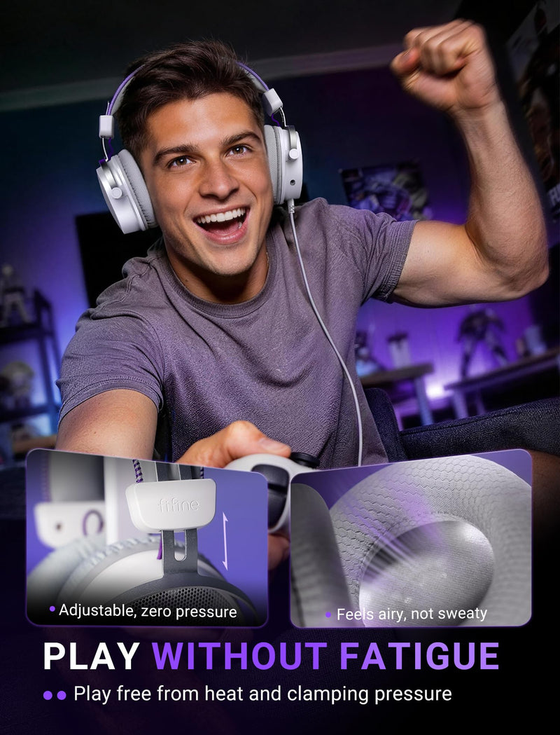 FIFINE H18V LiteWP Wired Open Back Gaming Headset, Expansive Soundstage | 53mm Drivers Bass, 3.5mm/USB Connectivity, Crisp 7.1 Surround, Active Noise Canceling Mic, Spacious Earcups, for PC/Xbox/PS5 White and purple