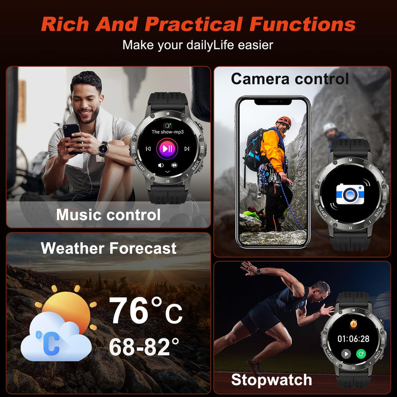 Smart Watch for Men Fitness Tracker: Bluetooth Waterproof Make Answer Call Digital Mens Watches Running Step Pedometer Smartwatch for Android Phones iPhone Samsung Compatible Sleep Heart Rate Monitor Black