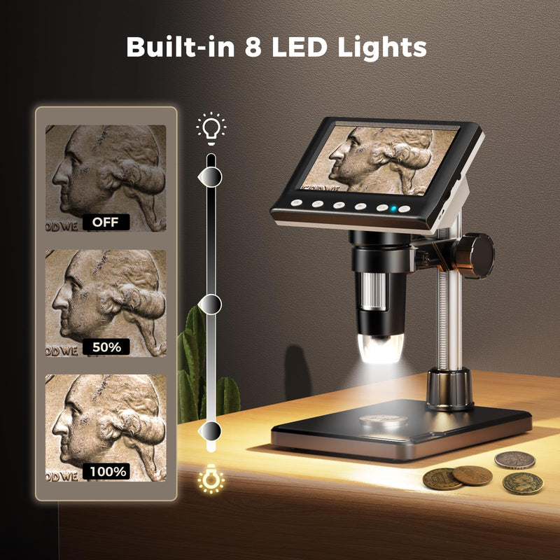 [AUSTRALIA] - 4.3 Inch LCD Digital Coin Microscope, 1000X USB Magnifier with 8 Adjustable LED Lights for Coin Inspection, Electronics Repair, Soldering, Windows/Mac Compatible, 1080P 