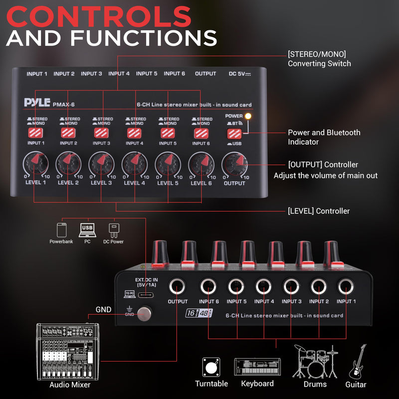 6-Channel Wireless BT Streaming Mini Line Mixer with USB Audio Interface - 6 Mono/Stereo Switching Inputs | Ultra-low Noise Design with High Headroom | Built-in USB Sound Card 6 Channel