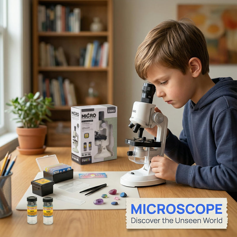 [AUSTRALIA] - Kids Microscope Kit with LED Light - 100X/400X/1200X Magnification for STEM Learning, 12 Prepared Slides, Easy-to-Use Science Learning Kit (Ages 5-12) - White 