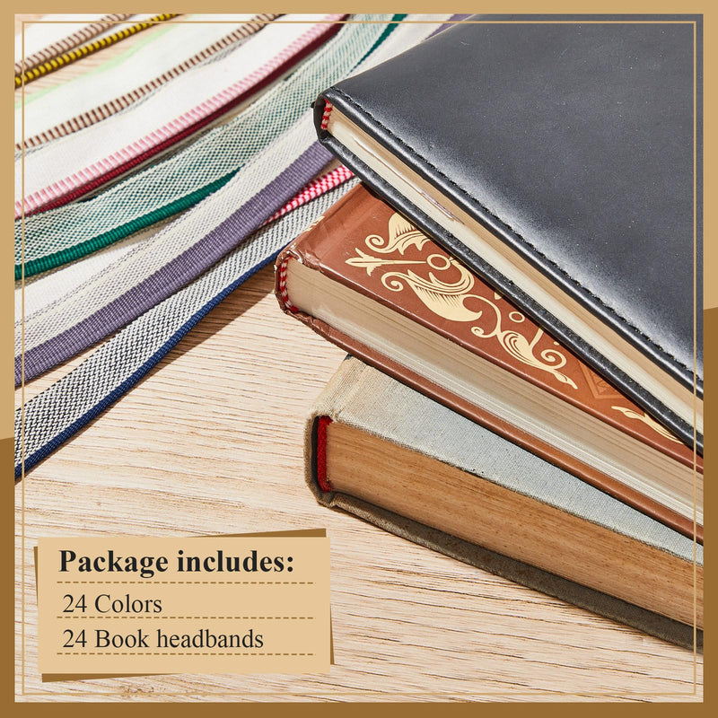 24 Pcs Book Binding Headbands 11.8 Inches Long 0.5 Inch Wide Cotton Book Headband Repair Book Cloth Kit Book Binding Materials for Beginners DIY 24 Colors Cuttable School Bookbinding Supplies