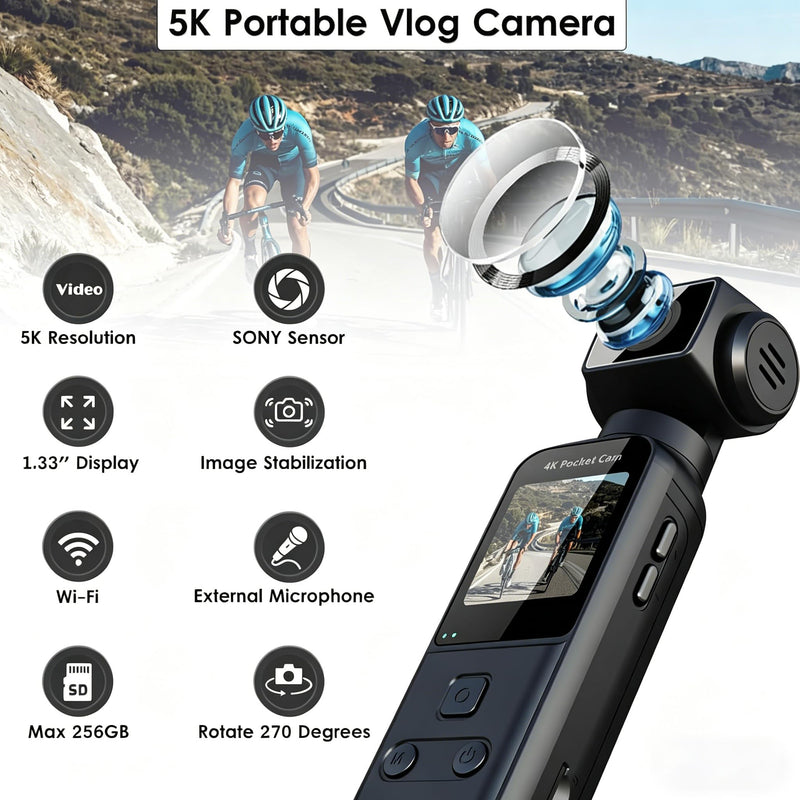 5K Vlogging Camera, Portable Live Streaming Camera, 270 Rotating Video Camera with 1.33 Inch CMOS, Anti-Shake, Suitable for Video Blogging, Daily Recording & Live Broadcast