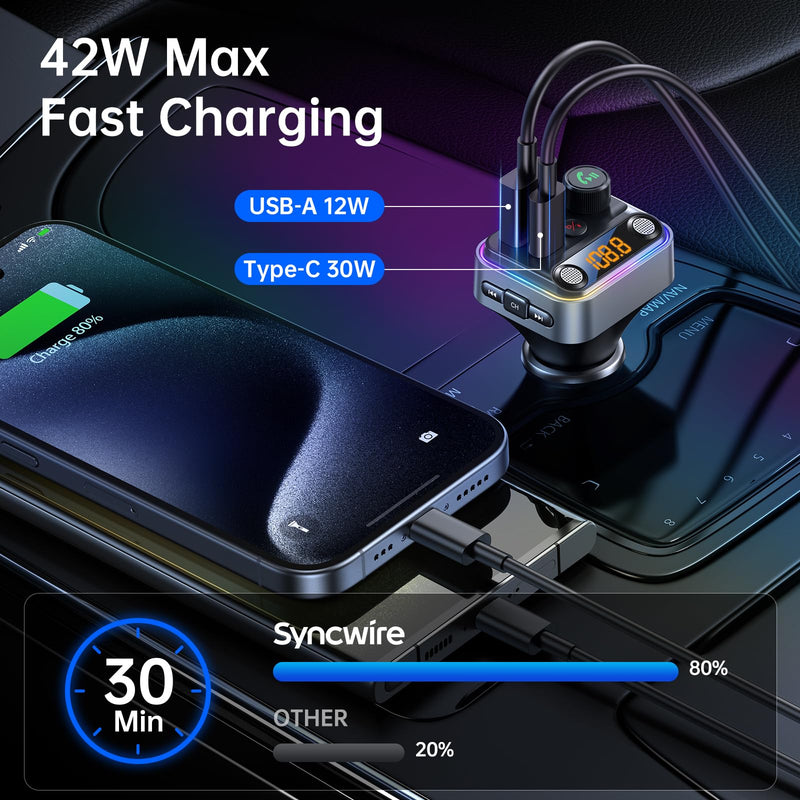 [AUSTRALIA] - Syncwire Bluetooth 5.4 FM Transmitter Car Adapter 42W [Light Switch] [Stronger Dual-mic] [HiFi Bass Sound] [Fast Charging] Wireless FM Radio Music Adapter Hands-Free Calling Support USB Drive, Silver 