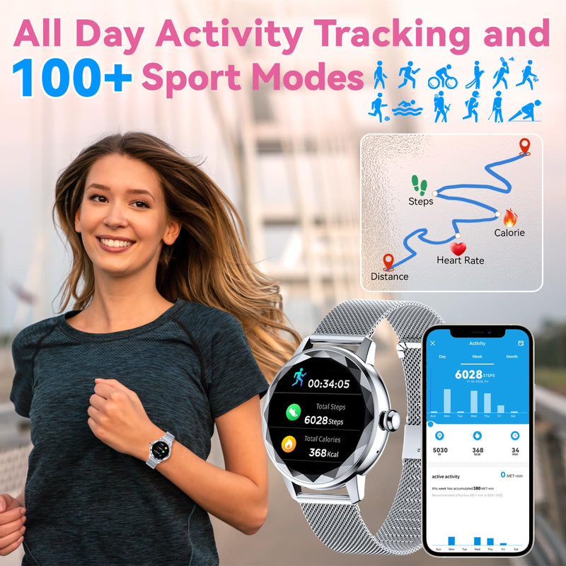 Smart Watch for Women, 1.2" Display 100+ Sports, IP68 Waterproof | Fitness Tracker with Heart Rate, Sleep & Female Cycle, Adjustable Fit, iOS & Android Compatible, W02-Silver