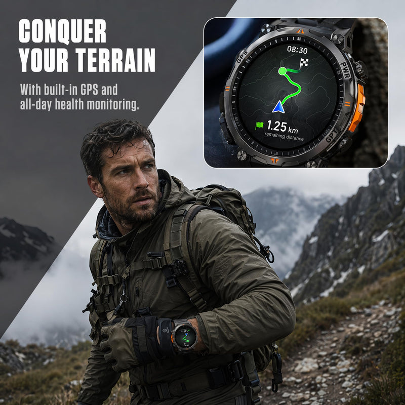 GPS Military Smart Watches for Men, 1.56" AMOLED Screen Bluetooth Call, Smartwatch for Android Phones and iPhone, 100+ Sport Modes, 3ATM Waterproof Smart Watch with Compass