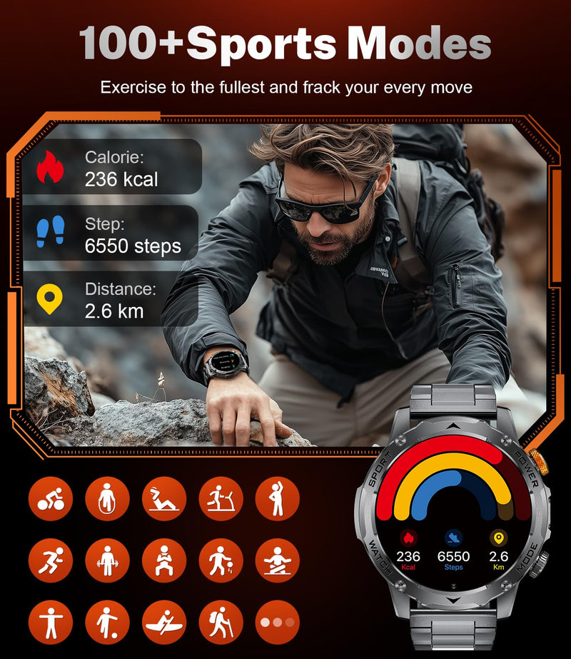 Military Smart Watches for Men(3 Bands),1000mAh/1.75" HD Large Screen Smartwatch, Flashlight/110+ Sports Modes/IP68 Waterproof/Sleep Monitor Fitness Tracker Watch for Android iOS,Gunmetal EF12-G