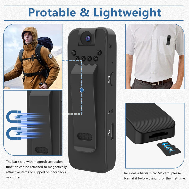 [AUSTRALIA] - 64GB Wearable Camera, Body Camera with Audio and Video Recording, 1080P Mini Portable Action Cam with 180° Rotating Lens & Night Vision for Police Law Enforcement, Cycling, Motorcycle, Sports, Travel 