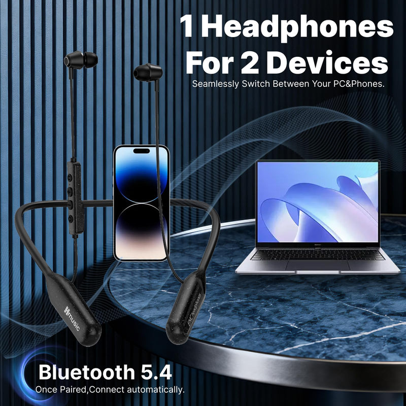 Hmusic H25 Neckband Bluetooth Headphones with 200hrs Long Battery Playtime | IPX5 Waterproof Wireless Earbuds Bluetooth 5.4, Around the Neck Headphones w/ENC Mic, for Work/Cycling/Game/Gym/Long Trips