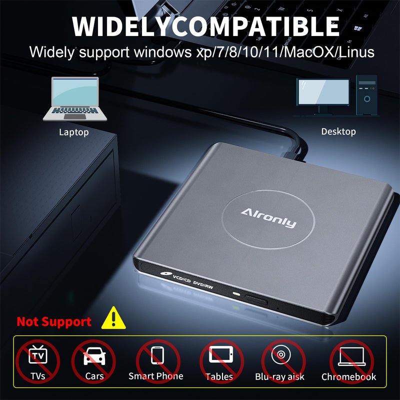 External CD/DVD Drive USB 3.0 Type-C Burner for Laptop Windows Mac | 8x DVD / 24x CD speed • USB‑A cable / USB‑C • Plug & play, no driver • Slim alloy, 0.5″ & 0.75 lb
