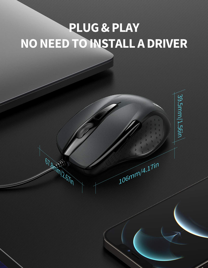TECKNET 6-Button USB Wired Mouse with Side Buttons, Optical Computer Mouse with 1000/2000DPI, Ergonomic Design, 5ft Cord, Support Laptop Chromebook PC Desktop Mac Notebook-Grey Grey