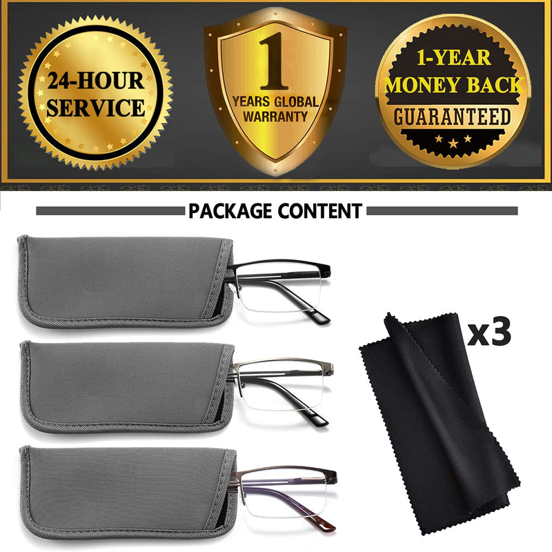 JJWELL 3 Pack Blue Light Blocking Reading Glasses for Men Anti Computer Glare Eyestrain Spring Hinge Readers with Pouches Black Gunmetal Brown 1.5 x