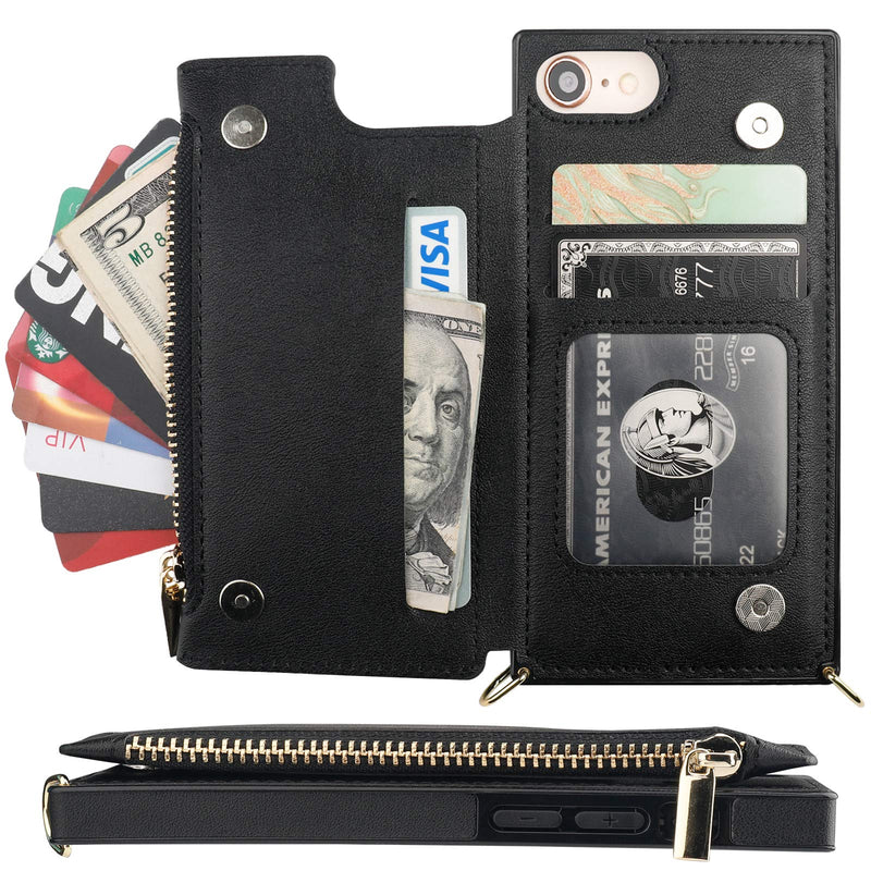 Bocasal Crossbody Wallet Case for iPhone SE 2022/SE 2020/7/8 with Card Holder,Zipper Card Slot Protector Shockproof Purse Cover with Removable Cross Body Strap 4.7 Inch(Black) Black For iPhone 7/8/SE3 2022/SE2 2020(4.7 inch display)