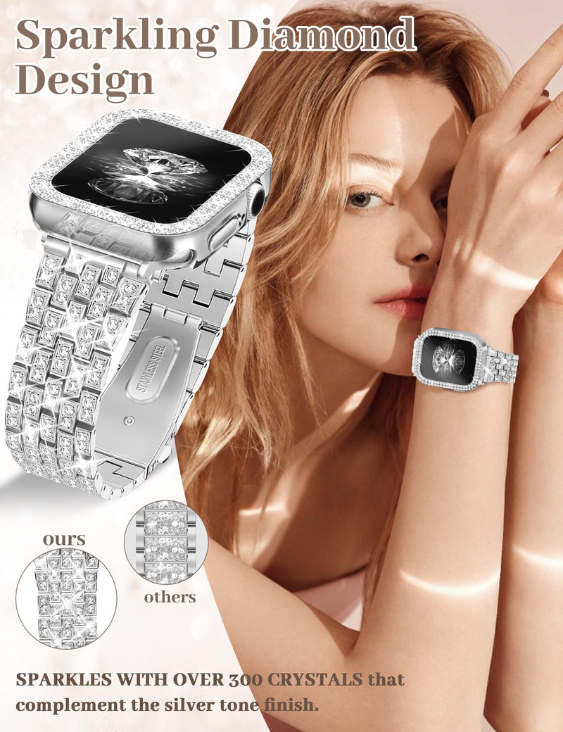 JR.DM Diamond Bands with Bling Case Trangle Stainless Steel Watch Band Bundle Compatible with Apple Watch 38mm 40mm 41mm 42mm 44mm 46mm 45mm 49mm for iWatch Series 11/10/9/8/7/6/5/4/3/2/1/SE/Ultra