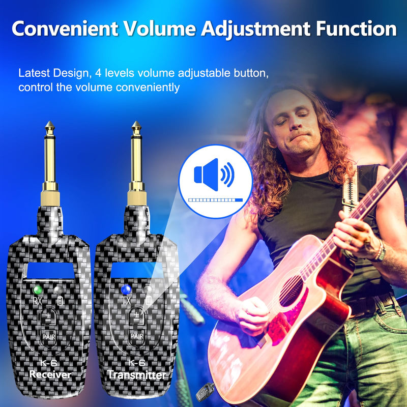 [AUSTRALIA] - Wireless Guitar System 2.4GHz Transmitter Receiver, 24-bit 48KHz Audio, 100ft Range, Rechargeable 5-Hour Battery, 250° Rotating Plug, No Latency for Electric Bass, Guitar Accessories K6 