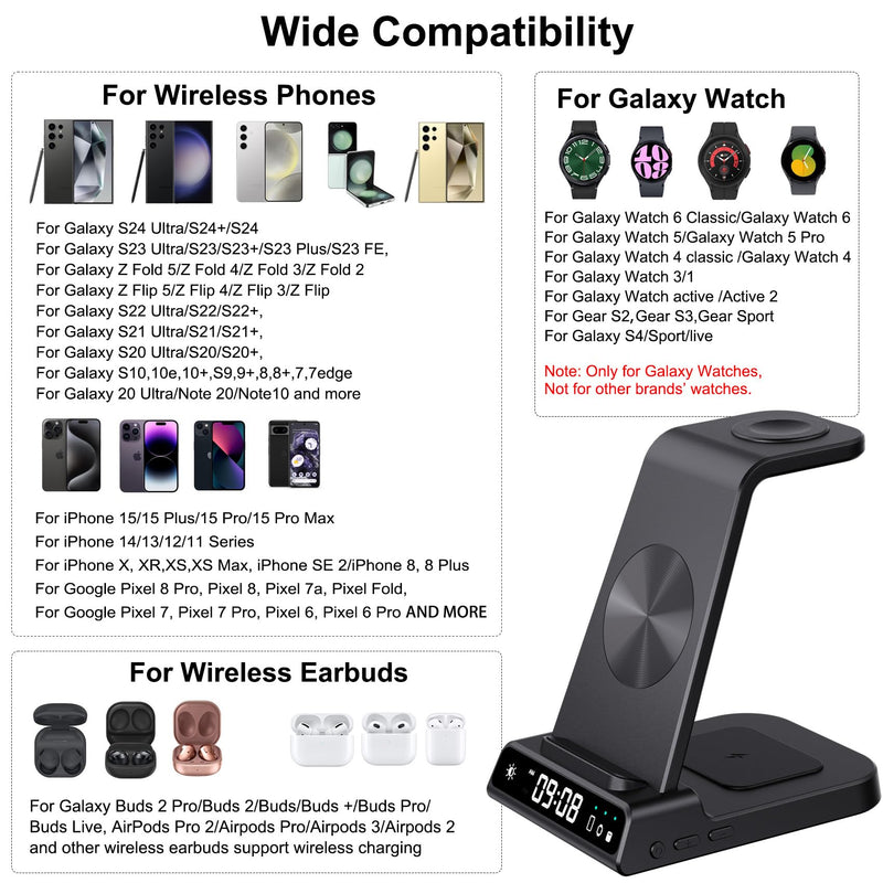 Wireless Charger for Samsung Devices, 4 in 1 Wireless Charging Station for Galaxy S24 Ultra/S24/S24+/S23 Ultra/Z Fold5/Z Flip, Watch Charger for Galaxy Watch 6/6 Classic/5/5 Pro/4,for Galaxy Buds2 Pro Black