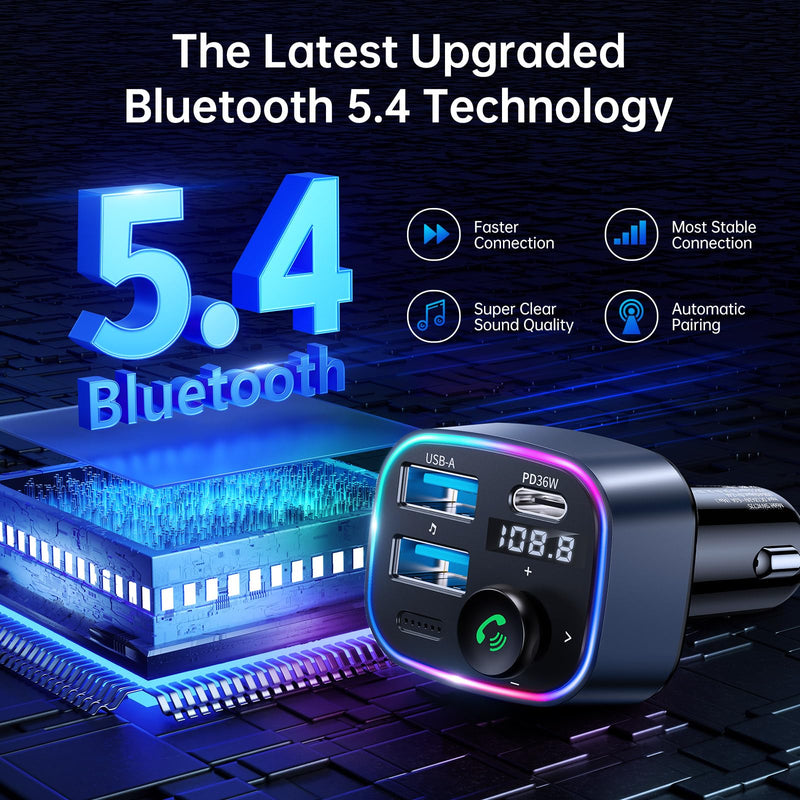 [AUSTRALIA] - Syncwire Bluetooth 5.3 FM Transmitter Car Adapter 48W(PD 36W & 12W) [Light Switch] [Hi-Fi Deep Bass] [Fast Charging] Wireless Radio Music Adapter LED Display Hands-Free Calling Support USB Drive Dark Blue 