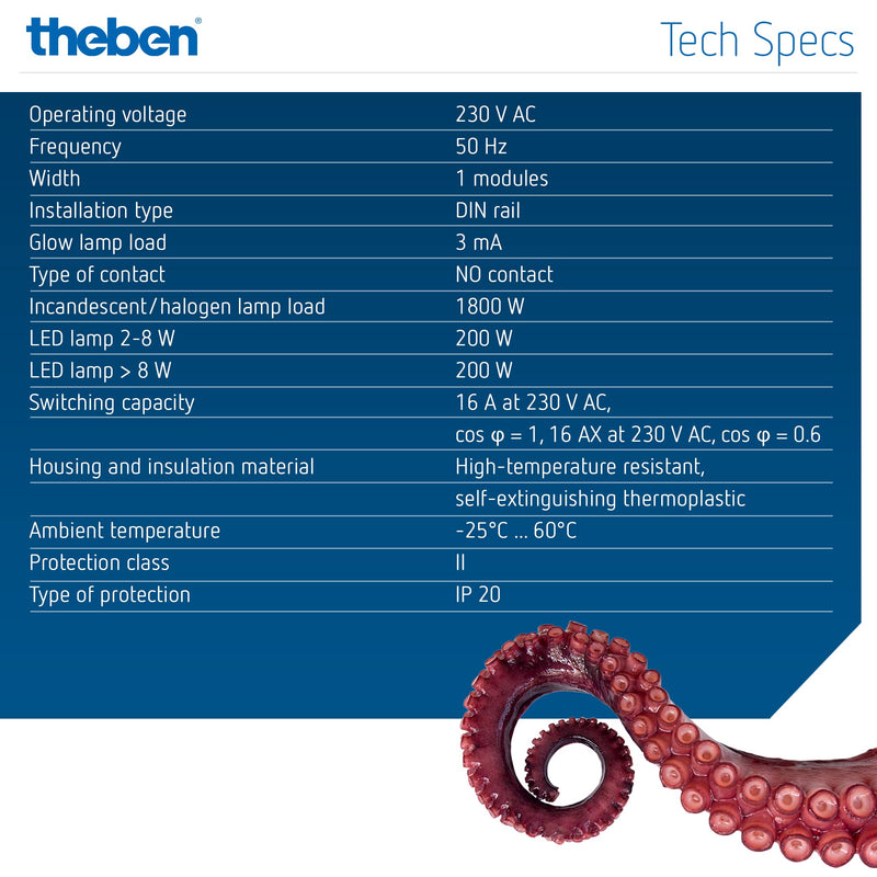 [AUSTRALIA] - Theben 3120120 Okto S12-230 Impulse Switch, Impulse Relay, 230 V, Electromechanical, DIN Rail, DIN Rail, 1 N/O Contact, LED up to 200 W, Light Control (Pack of 1) Pack of 1 