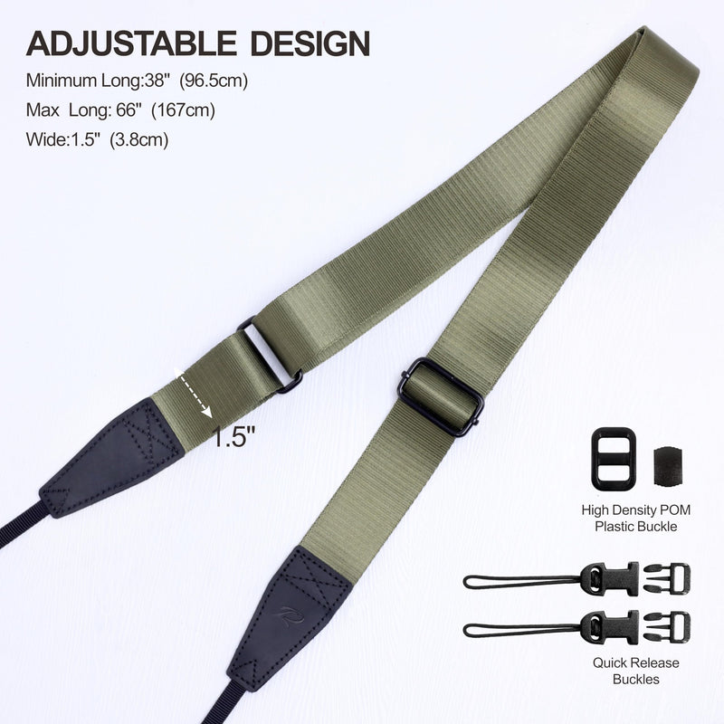 [AUSTRALIA] - Padwa Lifestyle Adjustable Camera Strap - 1.5" Full Grain Leather Ends Camera Straps for Photographers, Adjustable Neck Shoulder & Crossbody Nylon Strap Quick Release for Cameras and Binoculars Solid Olive Green Adjustable 38~66 inch / 1.5" Wide 