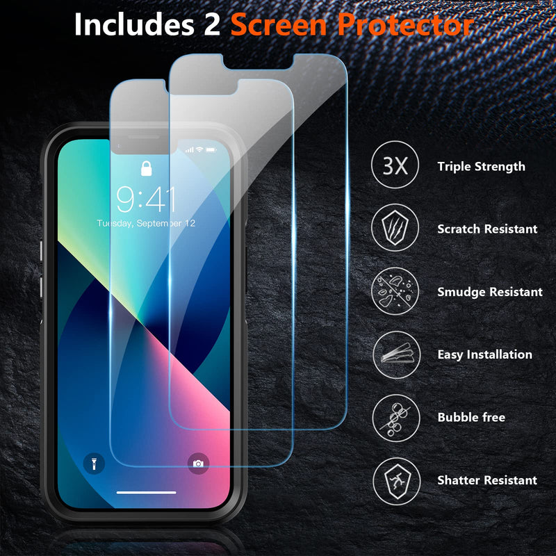 SPIDERCASE Designed for iPhone 13 Case/iPhone 14 Case, [10 FT Military Grade Drop Protection] [with 2 pcs Tempered Glass Screen Protector] Cover for iPhone 13 & 14 6.1 inch (Black) Black