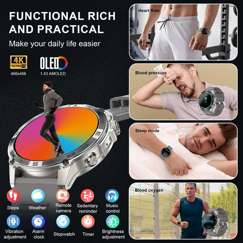 wonlex REDLEX Smart Watch for Men, 1.43" AMOLED Fitness GPS Tracker with 5.3 BT Call, 3ATM Waterproof, Sleep Pedometer Calories Counter, 65 Days Battery Life(Gray)