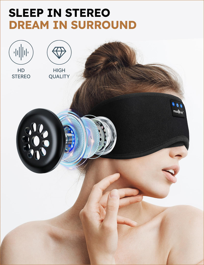 MUSICOZY Sleep Headphones Bluetooth 5.2 Headband Sleeping Eye Mask for Mom Women Men Wireless Music Earbuds Earphones for Side Sleepers Built-in HD Speakers Cool Gadgets Unique Gifts Dark Black
