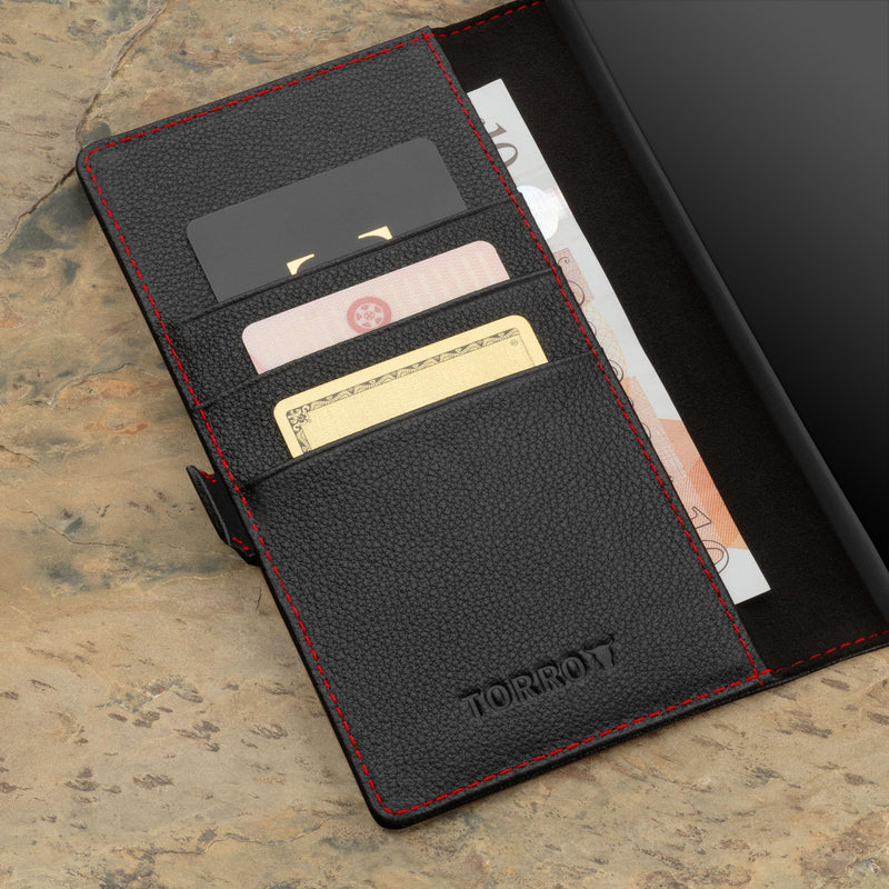 TORRO Case Compatible with Samsung Galaxy S24 Ultra 5G – Premium Leather Wallet Case with Kickstand and Card Slots (Black with Red Detail) Black with Red Detail