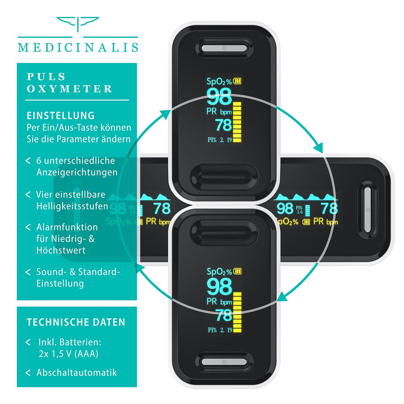 Medicinalis - Finger Pulse Oximeter - SpO2 Heart Rate Monitor - Finger Pulse Oximeter - Measurement of Pulse and Oxygen Saturation on the Finger - OLED Display - Battery Indicator - Alarm - One Touch Single