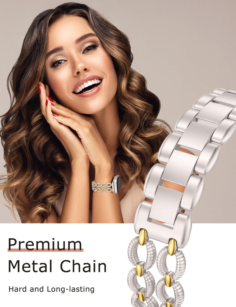 Minyee 2 Packs Band Compatible with Apple Watch Band Women 42/46/38/40/41/44/45/49mm, Premium Soft Leather Strap with Bling Dainty Flower Charm & Double Chain Twisted Designer Fancy link Bracelet