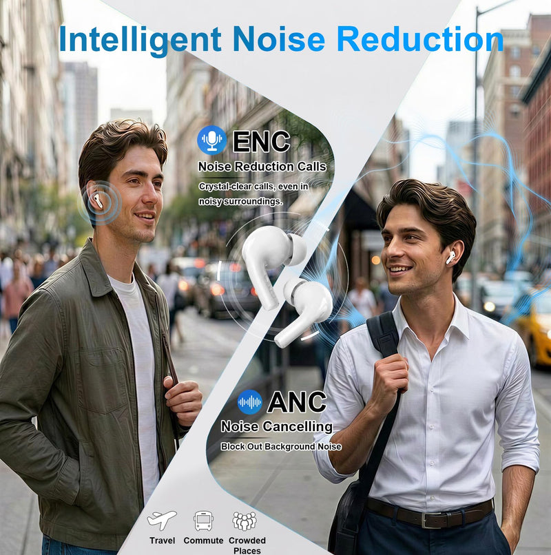 Wireless Earbuds Pro, Bluetooth 5.3 Bass Stereo Sound Headphones | ANC Noise Cancelling with 4 Mics ENC Clear Call, 45H Playtime, Touch Control in-Ear Earphone Compatible with iPhone/Android White