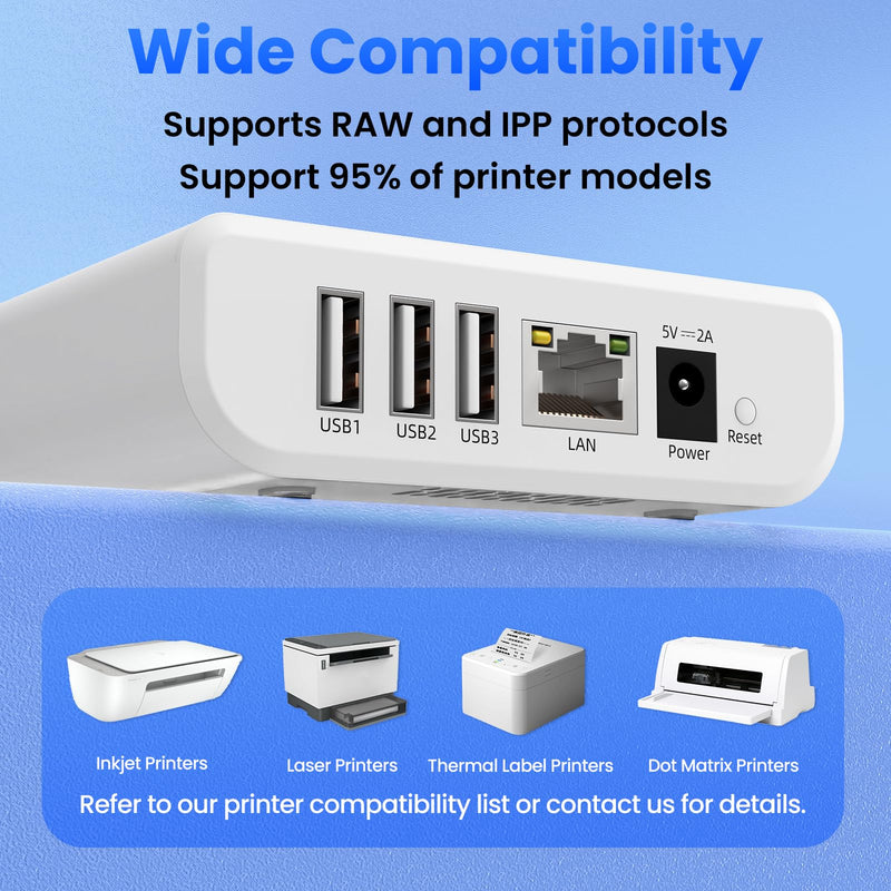 Wireless Print Server to Share 3 USB Printers Over Local Network | Easy Setup, Support Ethernet WiFi, Compatible with All RAW-Supported Printers LK300W. 3 USB Port