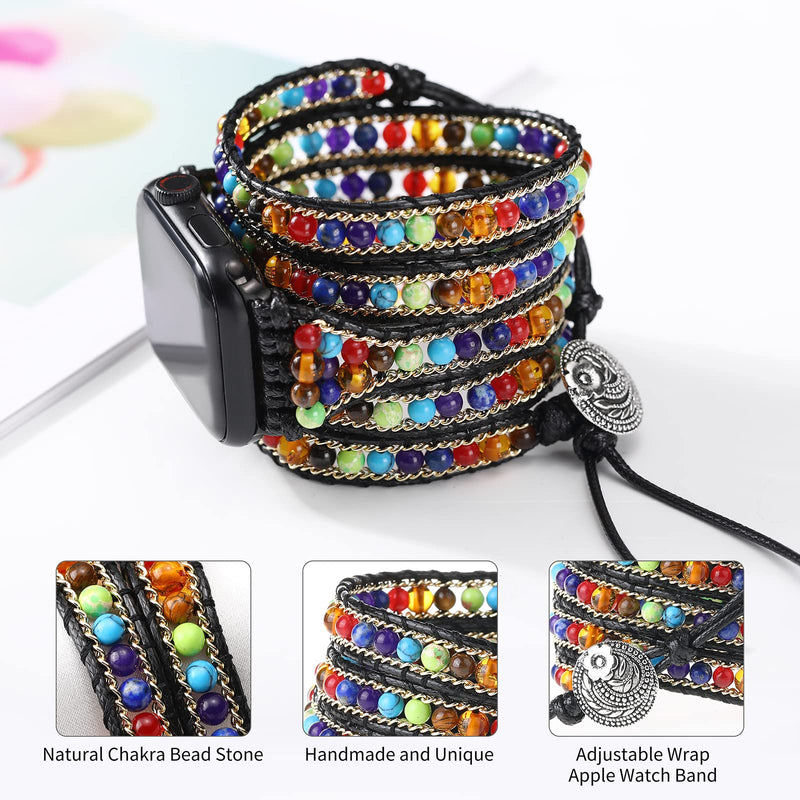 Boho 5 Wraps Bracelet Compatible with Beaded Apple Watch Band for Women Men 38mm/40mm/41mm, 7 Chakra Apple Watch Strap for Iwatch Band Series 8/7/6/5/4/3/2/1/SE Ultra