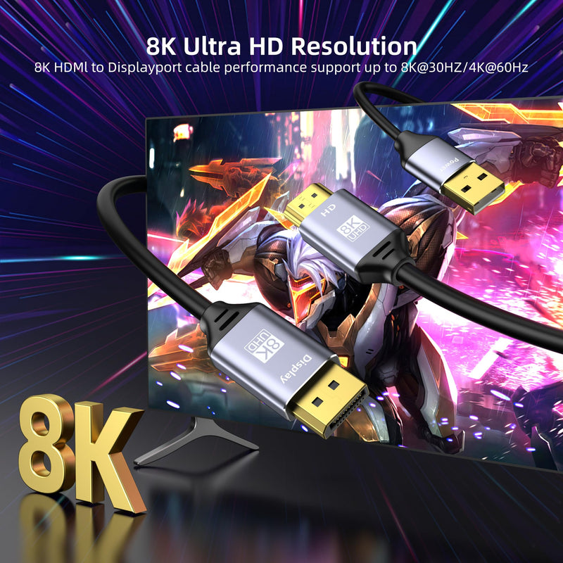 8K@30Hz HDMI to DisplayPort Cable 4K@144Hz, for PS5 Xbox Discrete GPU | Active HDMI 2.1 to DP 1.4, USB Power for Stable Signal, Aluminum Shell with Vents, for Laptop Discrete GPUs Xbox PS5